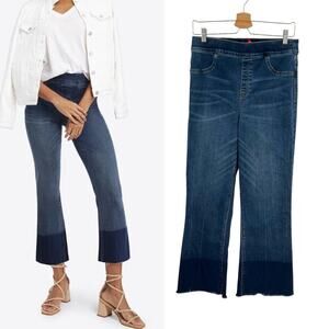 Spanx Cropped Flare Denim Jeans‎ Medium Wash Dip Dye Hem Blue Size Large